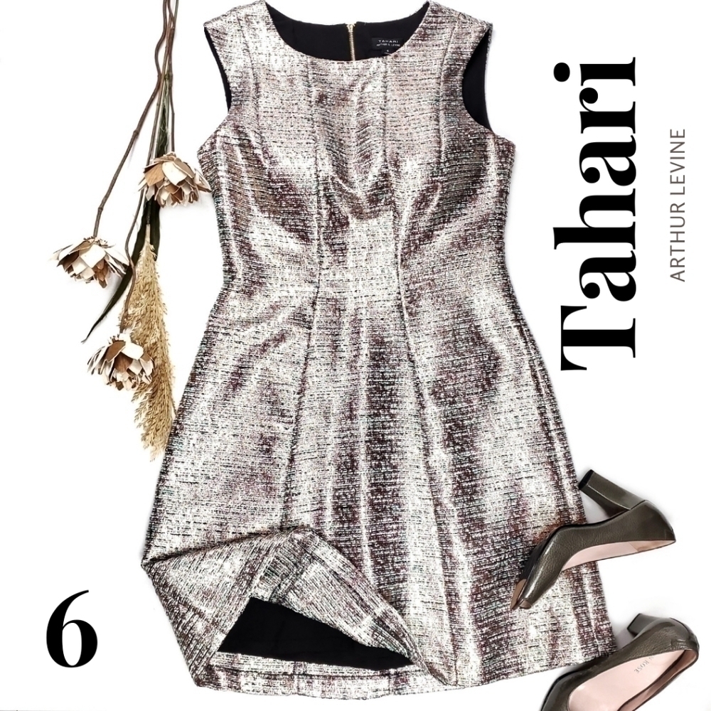 Tahari Arthur Levine Rose Gold Teal Shimmer Dress Sz 6